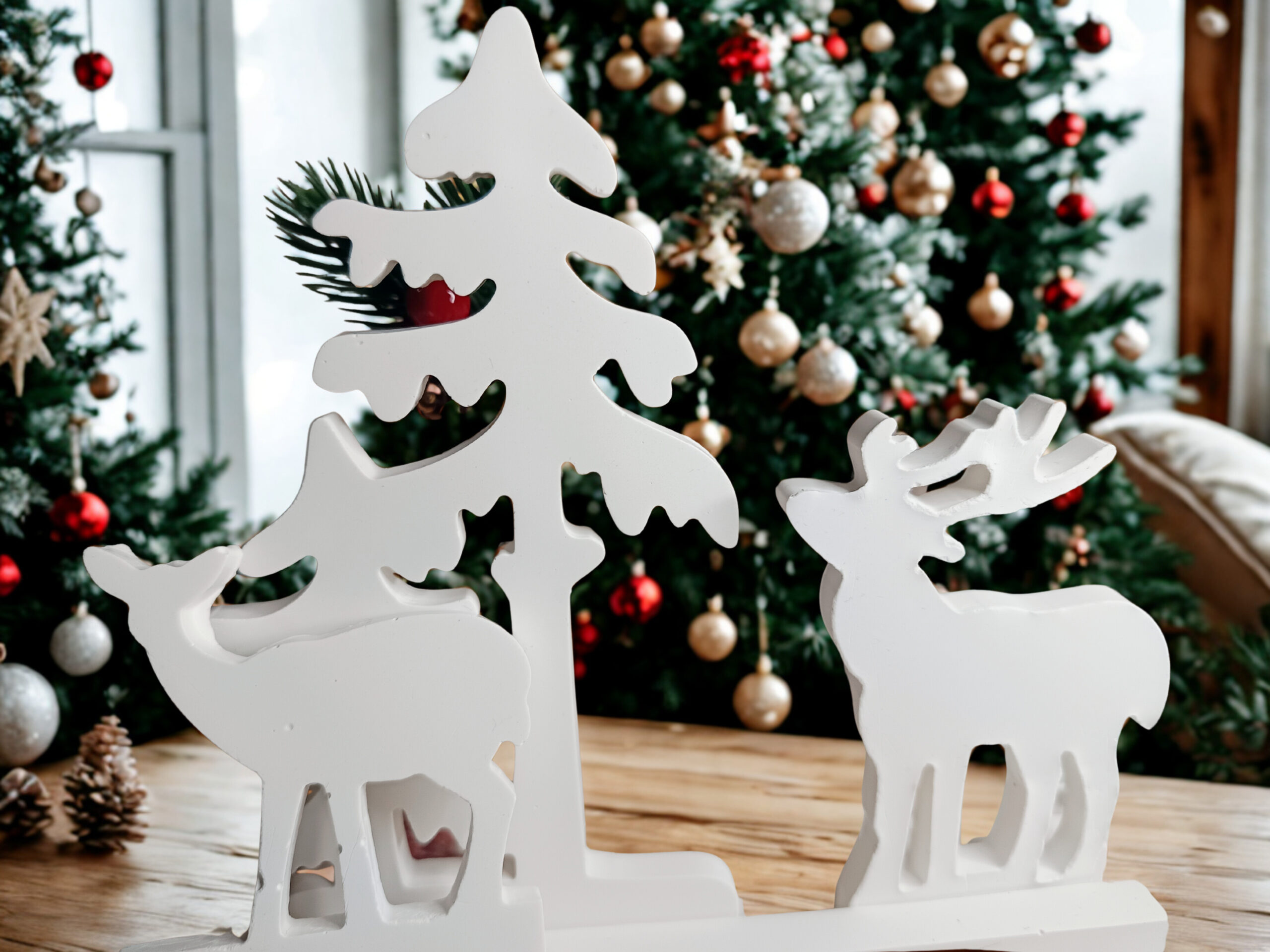 4-teiliges Gips-Dekoset „Winterzauber“ – Weißes Weihnachtsensemble mit Tanne, Rentieren und Board