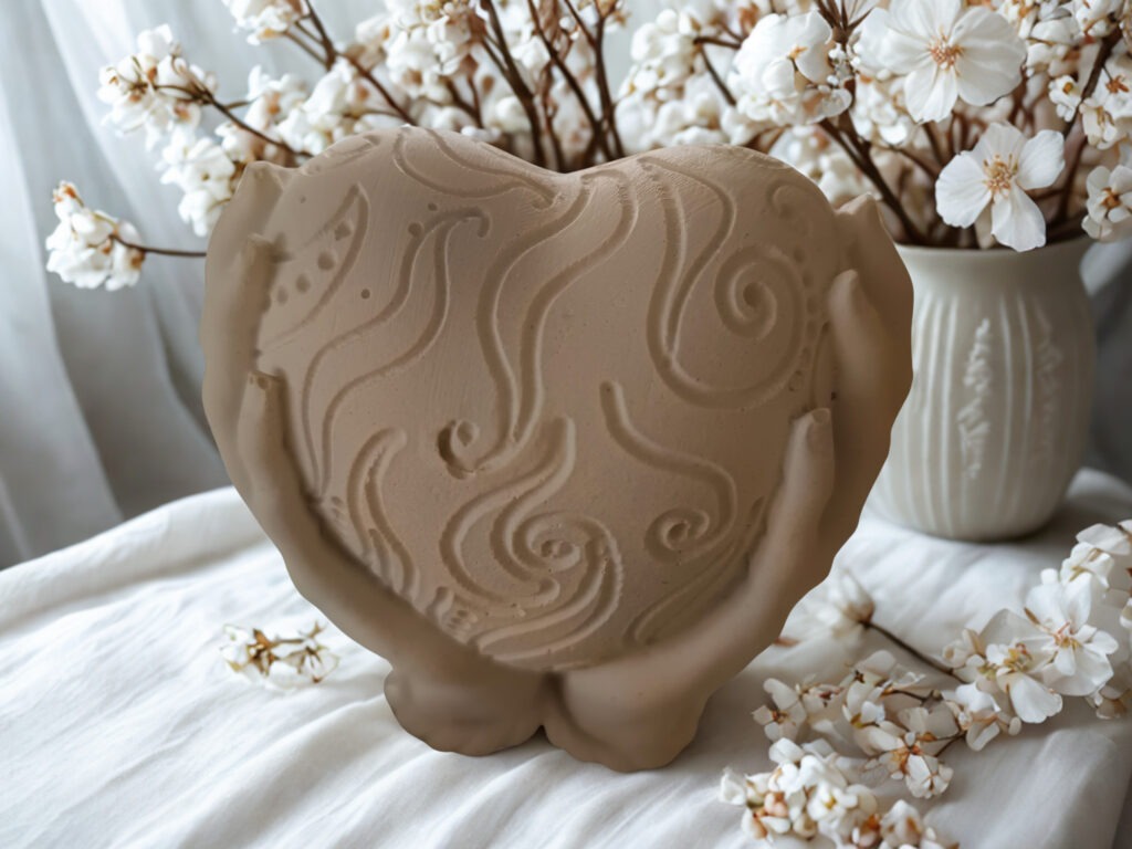 Zwei Hände, die ein Herz behutsam umfassen – ein kleines Kunstwerk aus Gips, das so viel mehr ausdrückt als nur Dekoration.