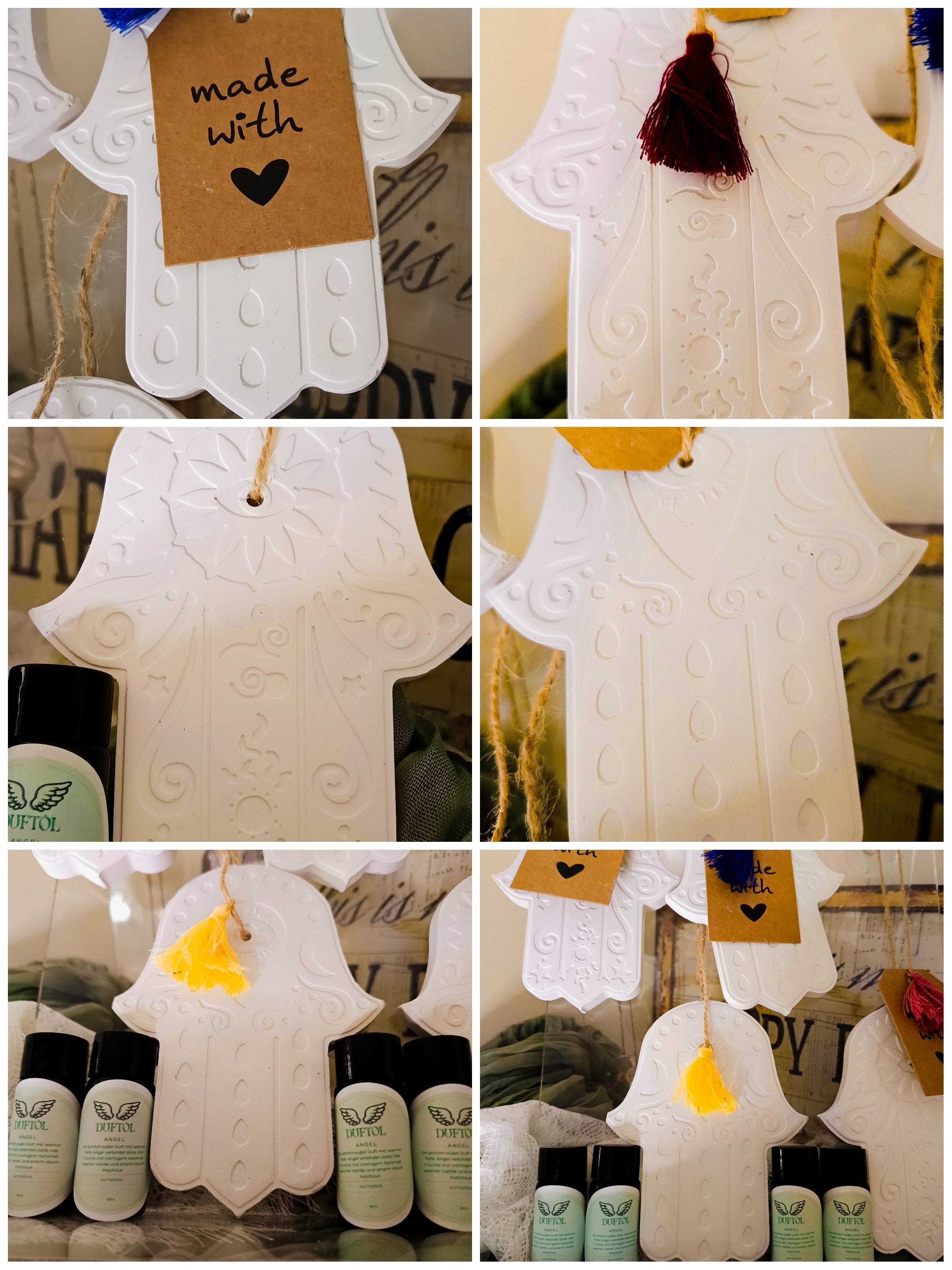 Handgegossene Hamsa Hand aus naturbelassenem Gips mit 10 ml Duftöl „Angel“. Ein Schutzsymbol zum Aufhängen, Beduften und Wohlfühlen.