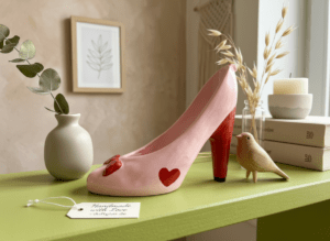 Der handbemalte High Heel in zartem Rosé – ein liebevoll gefertigtes Osterunikat mit feinen Perlendetails.