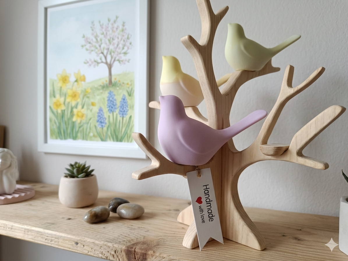 Handgefertigtes Set Vögel aus Gips