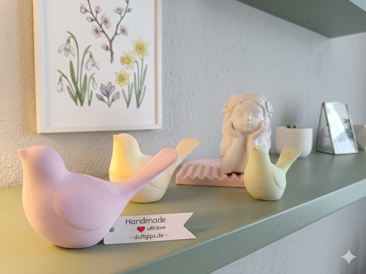 Handgefertigte Gipsvögel – Frühlingsdeko in Wunschfarbe